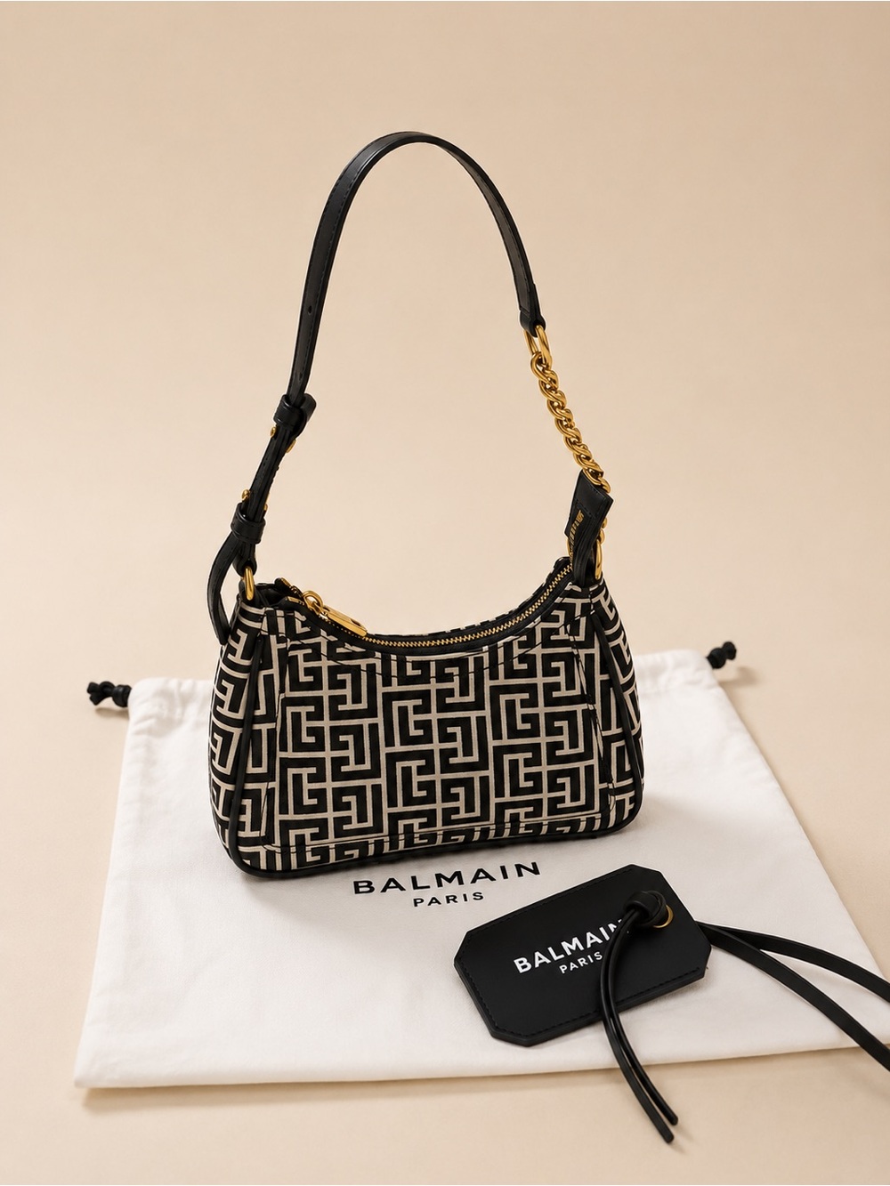 Balmain Black and Cream Monogram Shoulder Bag with Gold Hardware